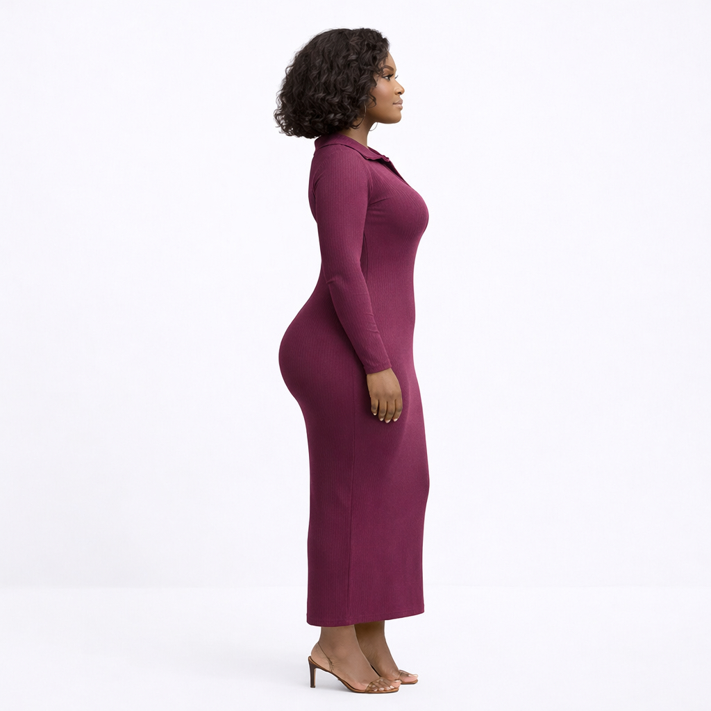Burgundy Ribbed Collared Midi Bodycon Dress