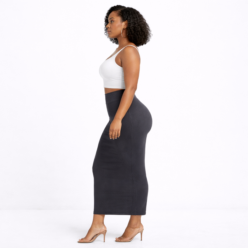 Charcoal Ribbed High Waist Midi Skirt