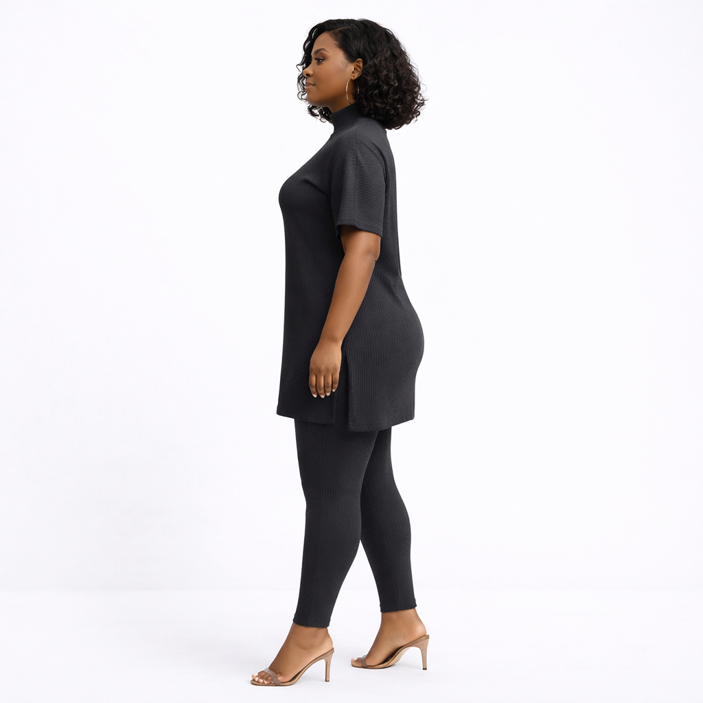 Women Charcoal Ribbed Tunic & Leggings Lounge Set