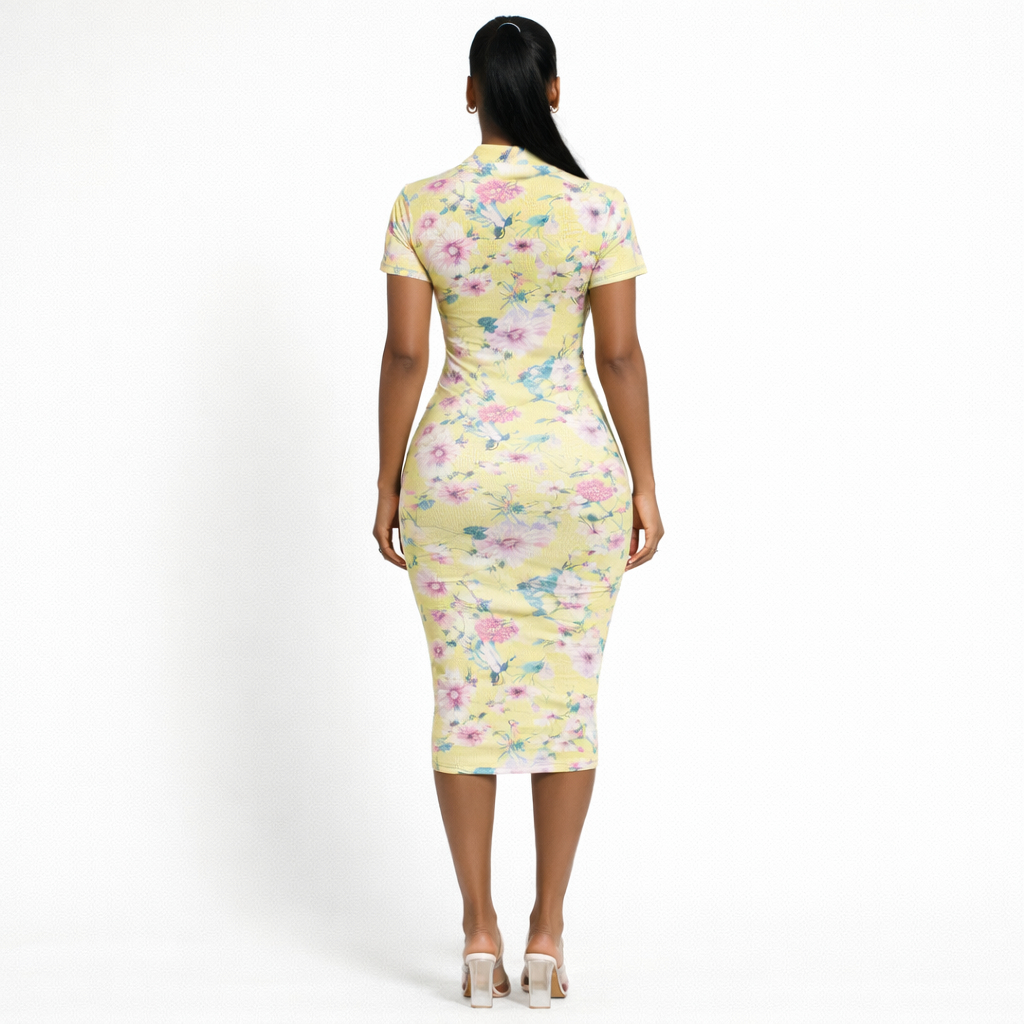 Yellow Floral Ribbed Bodycon Midi Dress