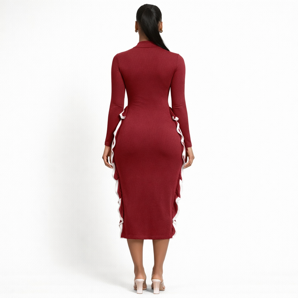Red Long Sleeve Cut Out Bodycon Midi Dress