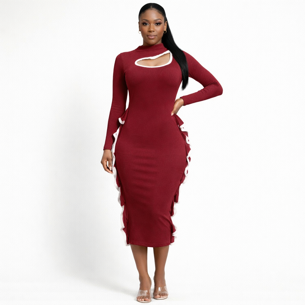 Red Long Sleeve Cut Out Bodycon Midi Dress
