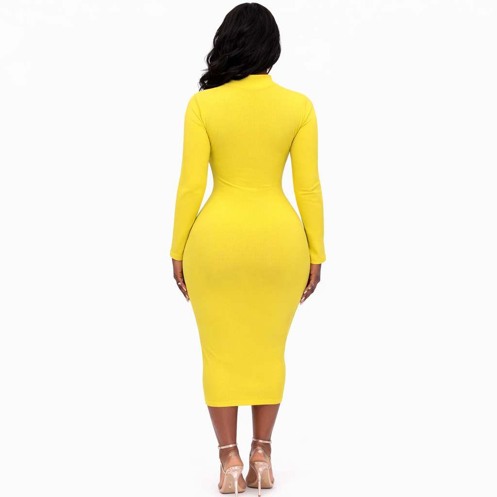 Yellow Ribbed Cut Out Midi Bodycon Dress with Floral Applique