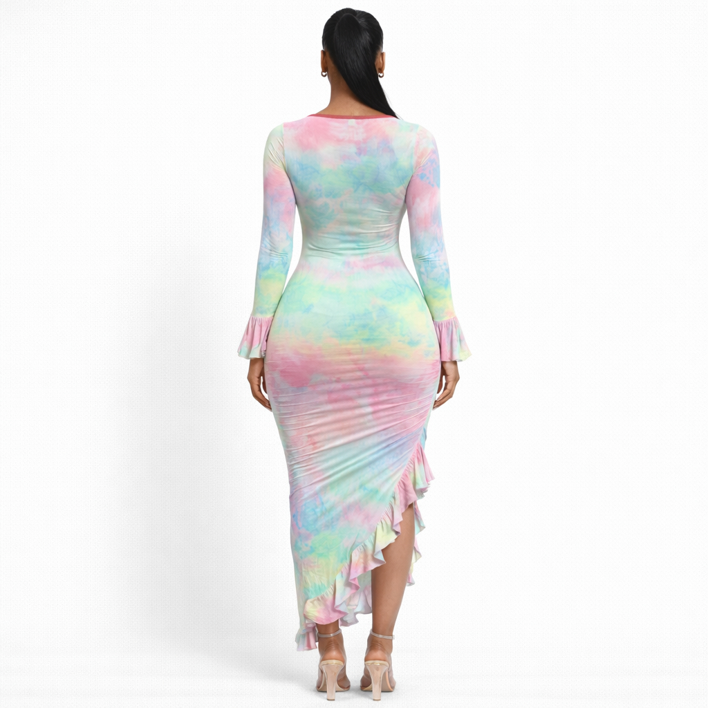 Womens Tie Dye Long Sleeve Ruched Midi Dress with Ruffle Hem
