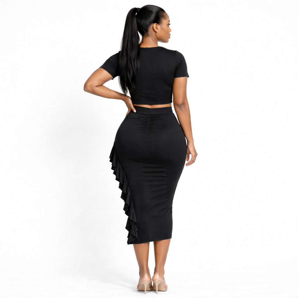 Elegant Ribbed Two Piece Bodycon Skirt Set with Ruffle Detail