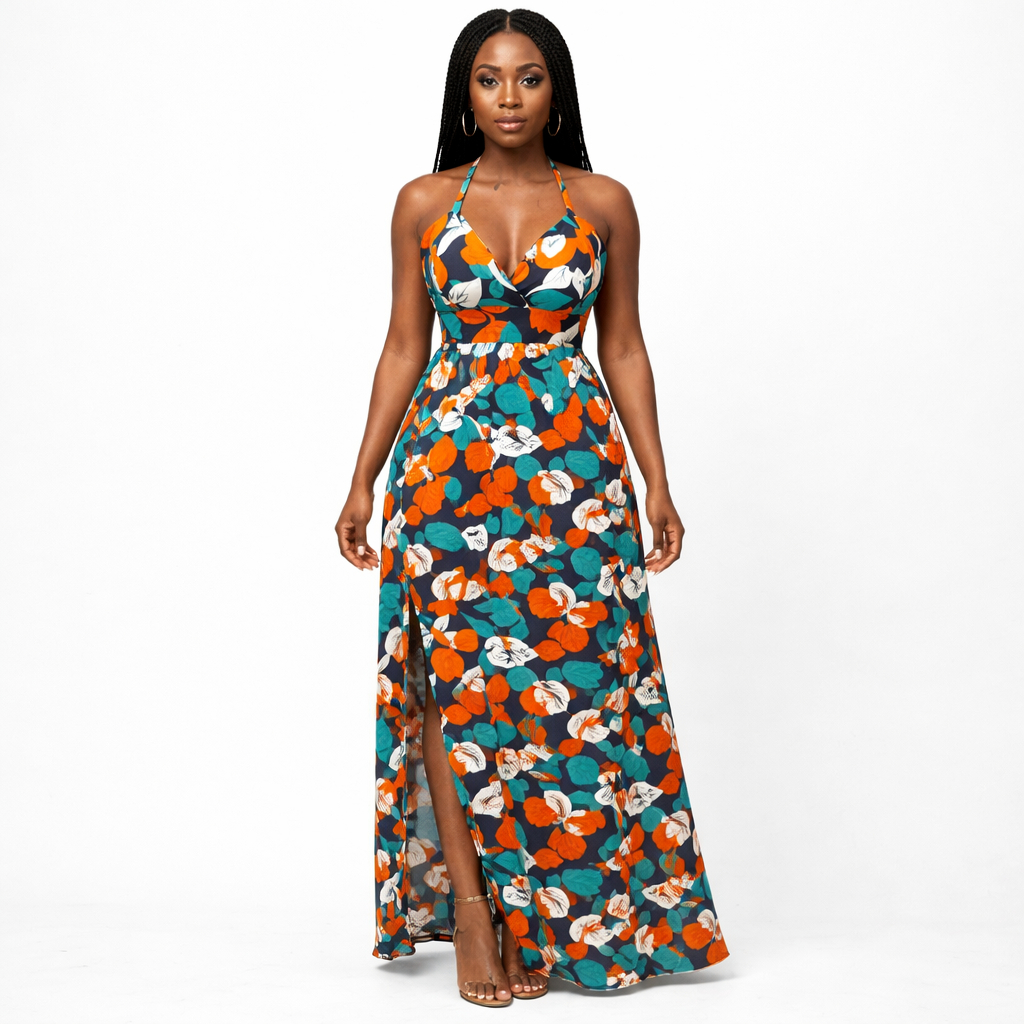 Elegant Floral Halter Neck Midi Dress