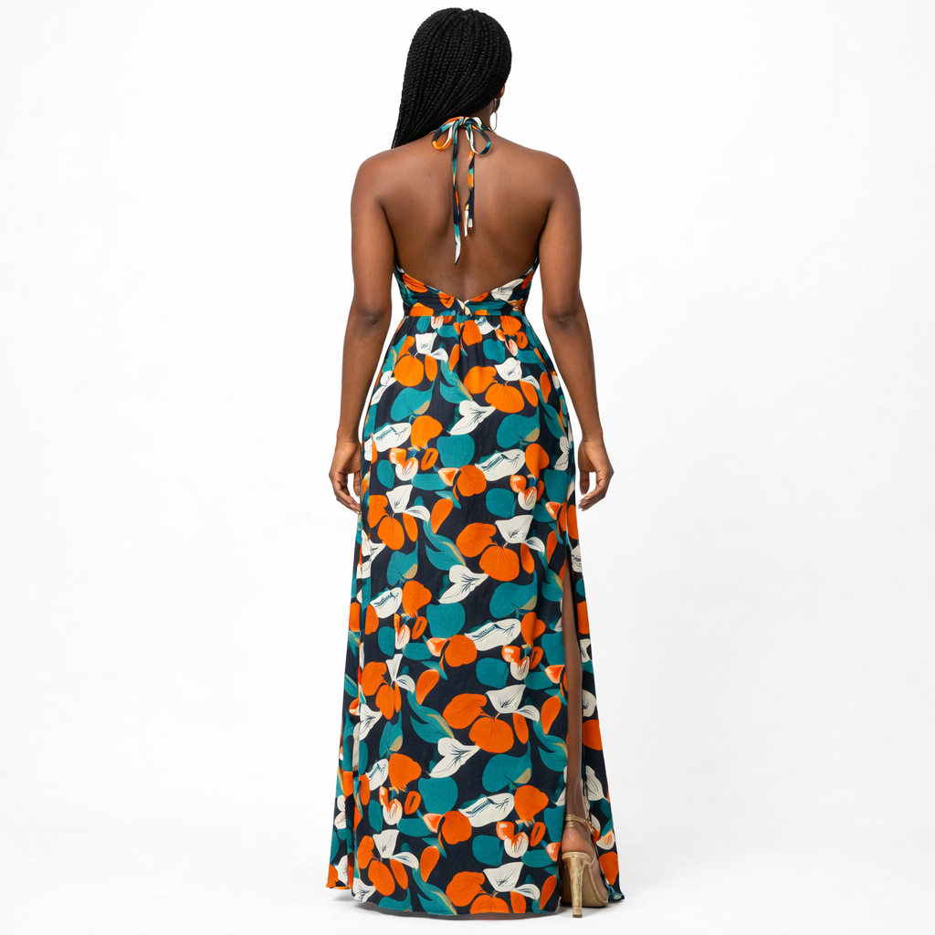 Elegant Floral Halter Neck Midi Dress