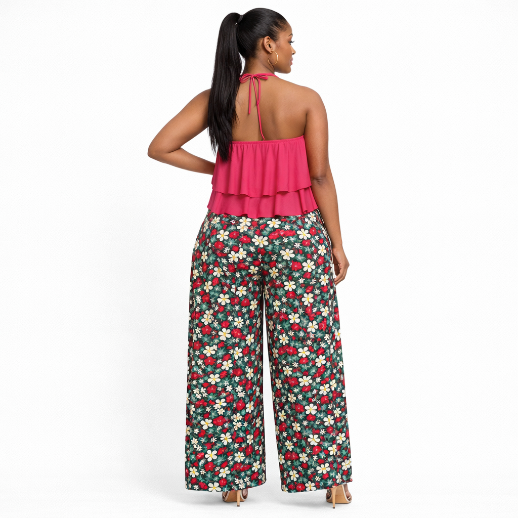 Chic Halter Layered Top & Floral Wide Leg Pants Two Piece Set
