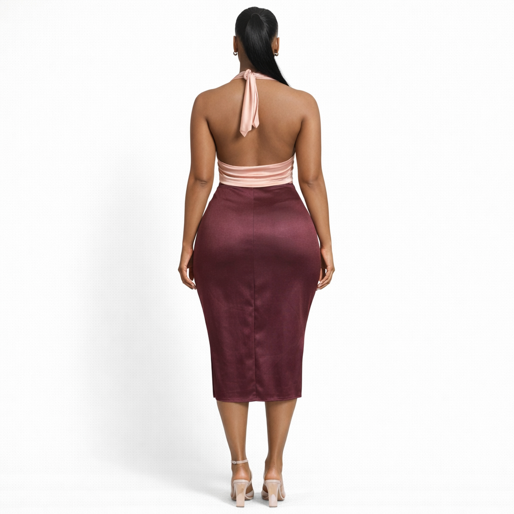 Ladies Satin Halter Crop Top & Mini Skirt Set