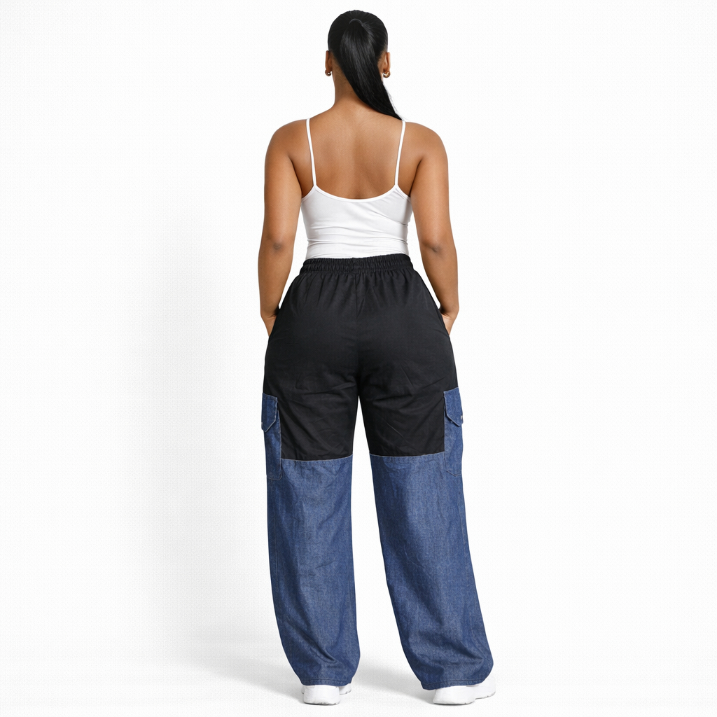Two Tone Elastic Waist Wide Leg Cargo Trousers