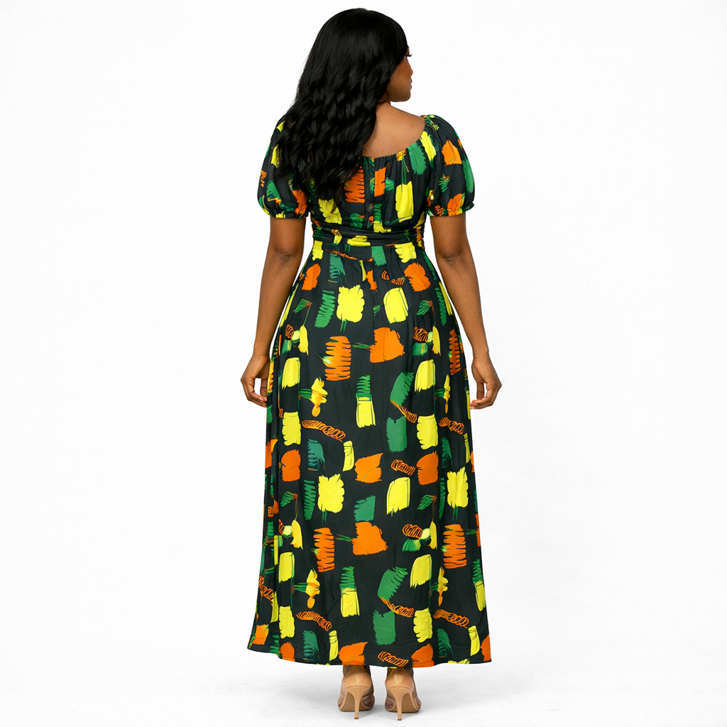 Abstract Print Puff Sleeve Maxi Dress