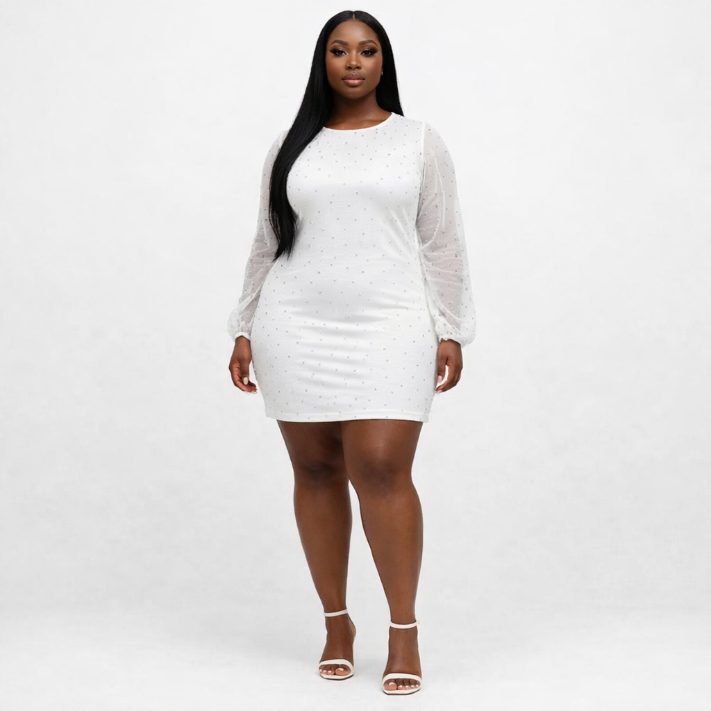 White Rhinestone Embellished Satin Fabric