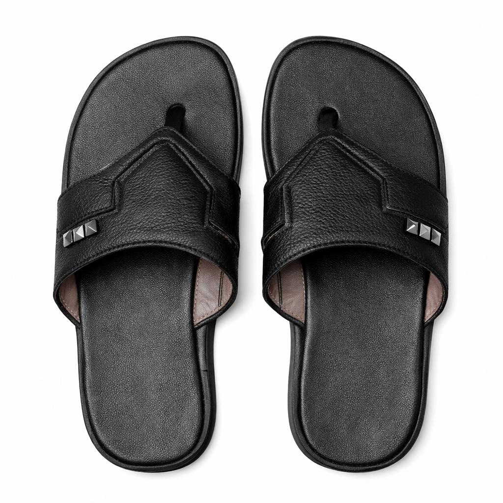 Stylish Black Leather Sandals with Toe Loop and Metallic Studs