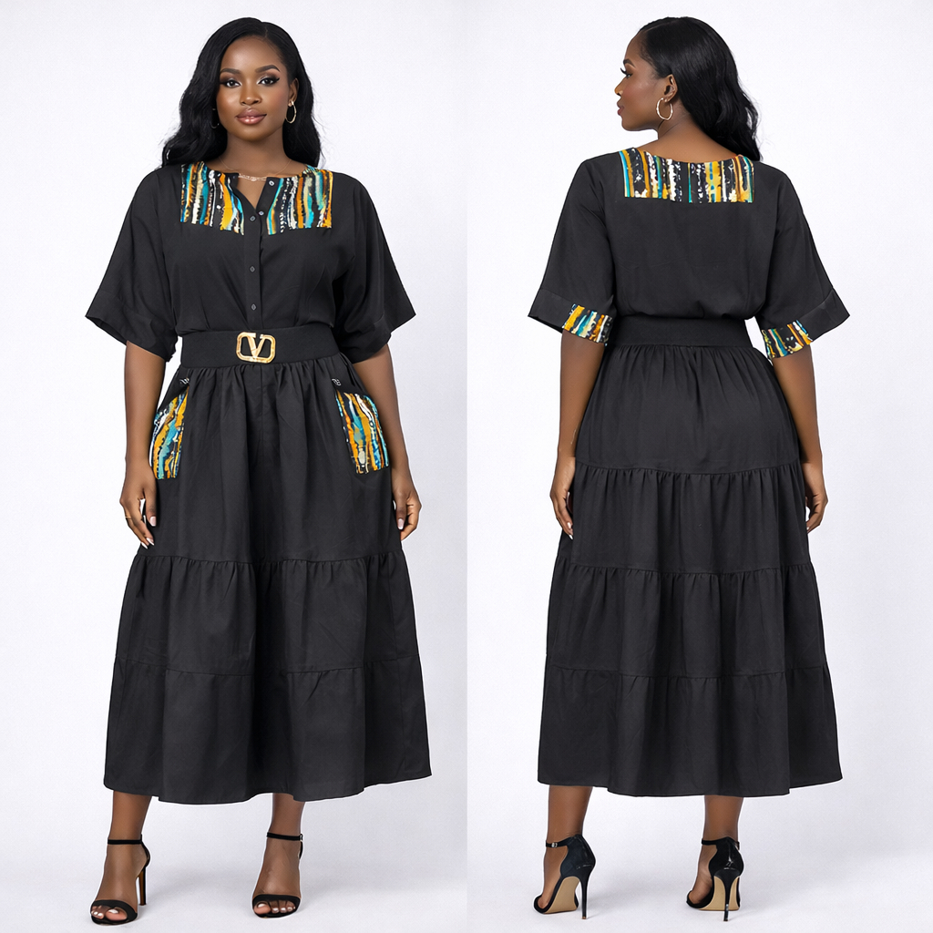 Womens Black African Print Midi Dress