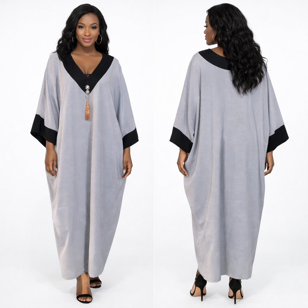 Women Loose Fitting Full Length Kaftan dress with Striped Pattern and Black Accents