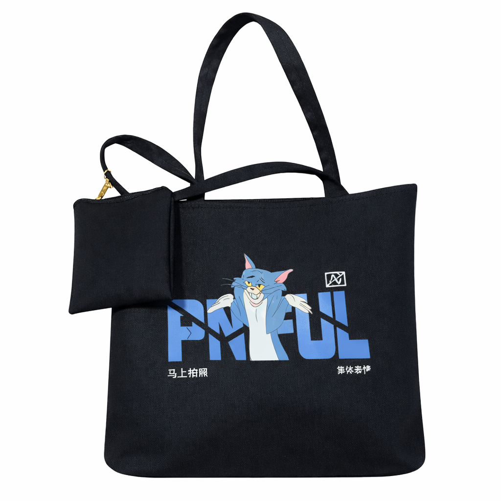 Cartoon Print Canvas Tote Bag with Attached small Pouch