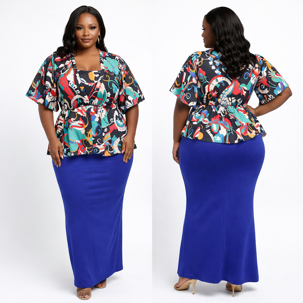 Multicolor Abstract Print Womens Peplum Top with Blue Maxi Skirt  Two Piece Outfit Set