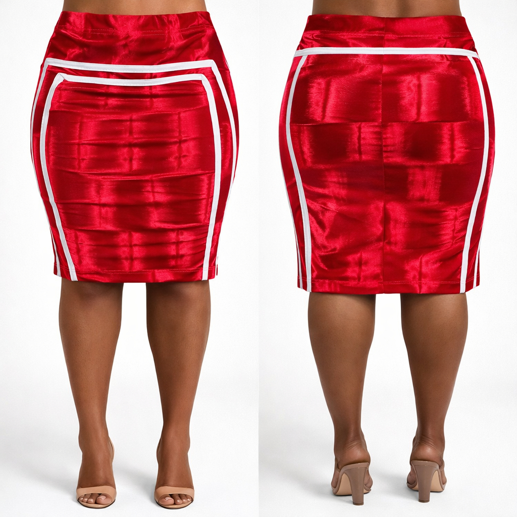 Red Satin Womens Knee Length Pencil Skirt with White Trim