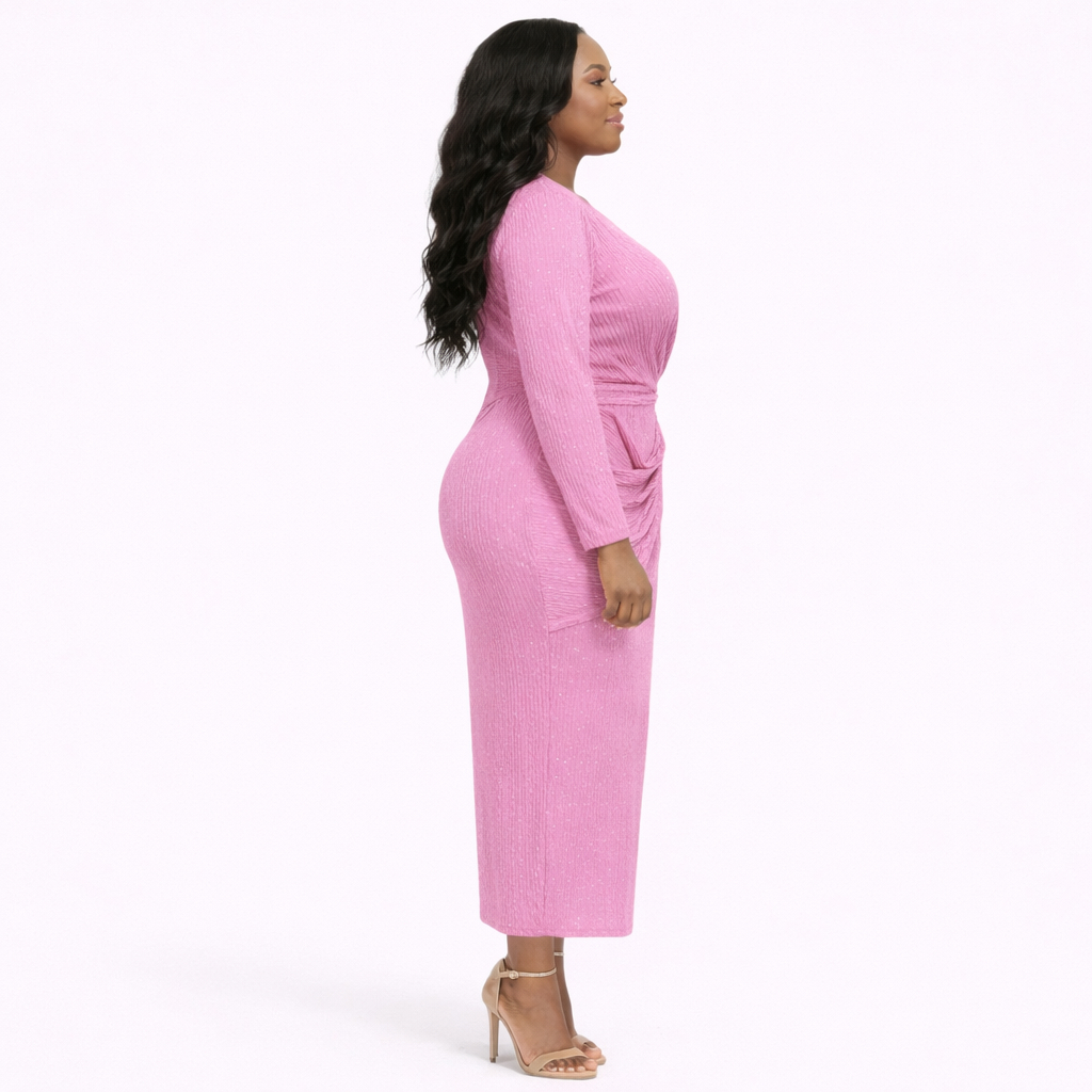 Elegant Pink Ruched Midi Bodycon Dress
