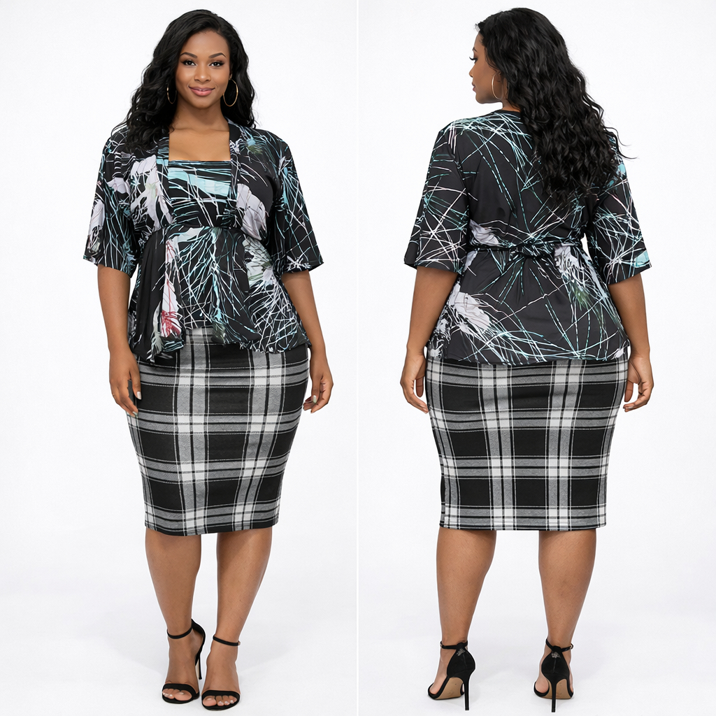 Black Abstract Print Womens Peplum Top with Plaid Knee Length Skirt