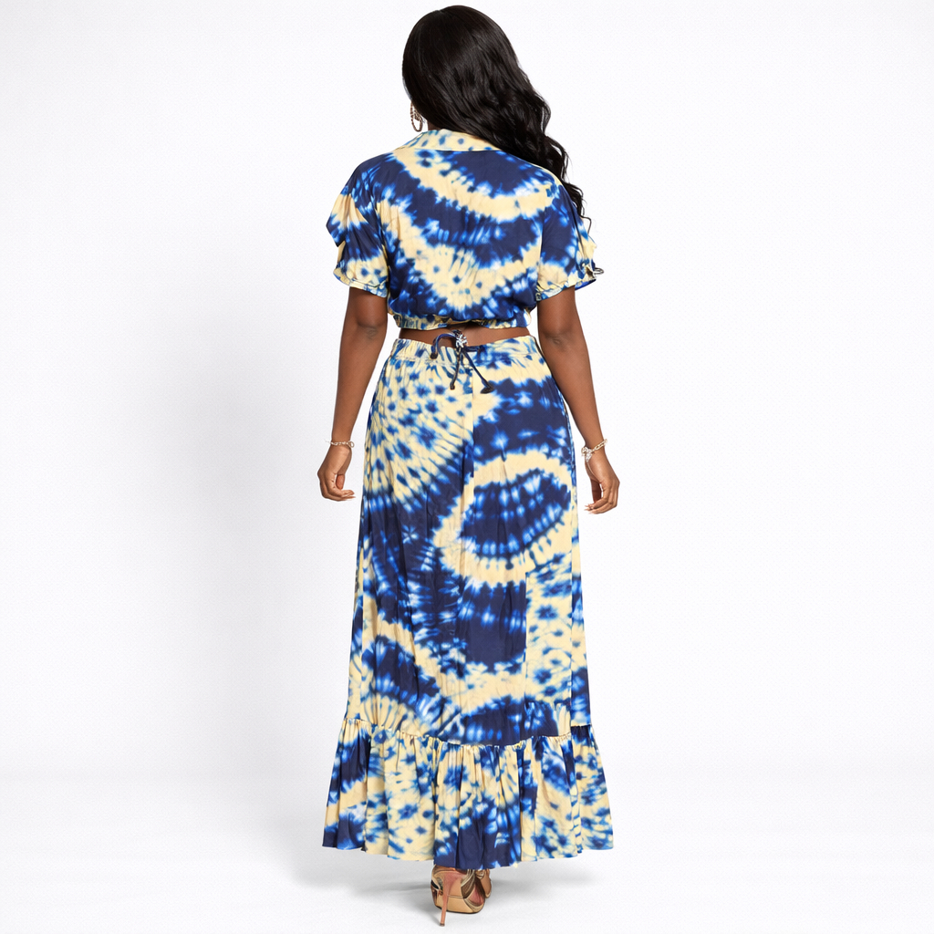 Blue and Cream Tie Dye Crop Top and Skirt Set