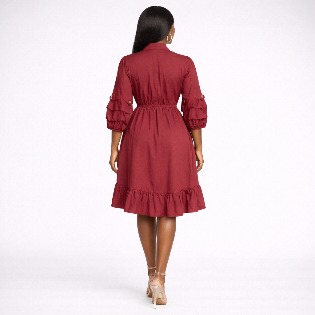Womens Red Tie Neck Button Front Midi Dress