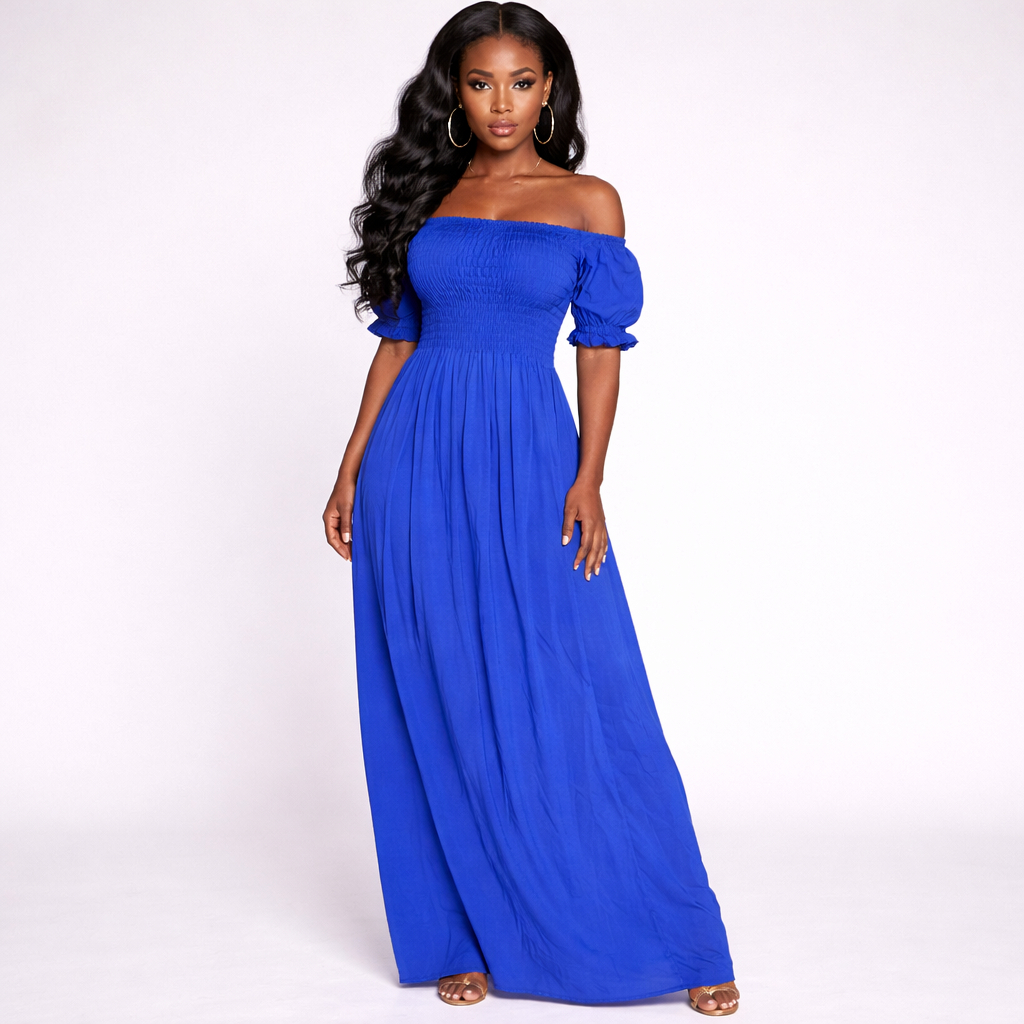 Quality Royal Blue Off Shoulder Smocked Maxi Dress