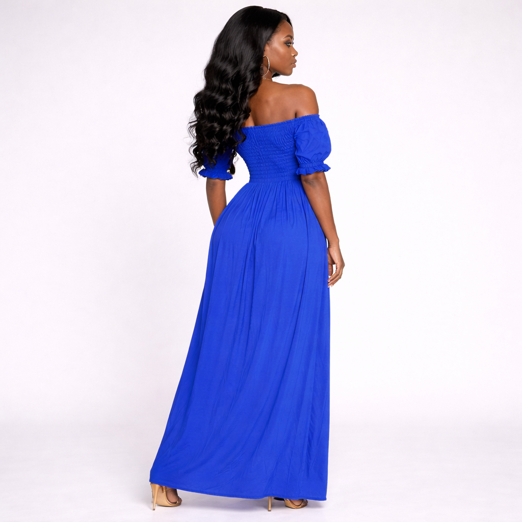 Quality Royal Blue Off Shoulder Smocked Maxi Dress