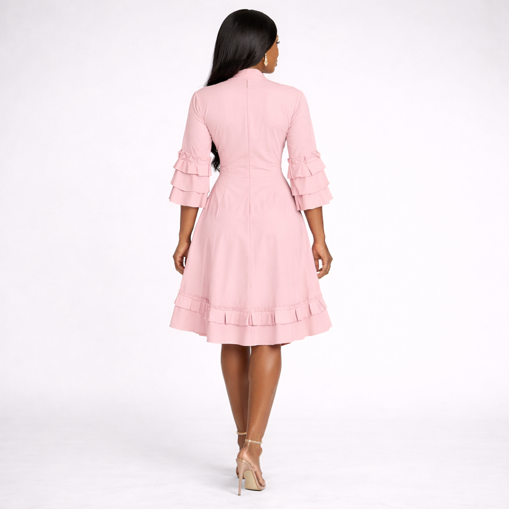 Pink Ruffle Sleeve Tie Neck Midi Dress