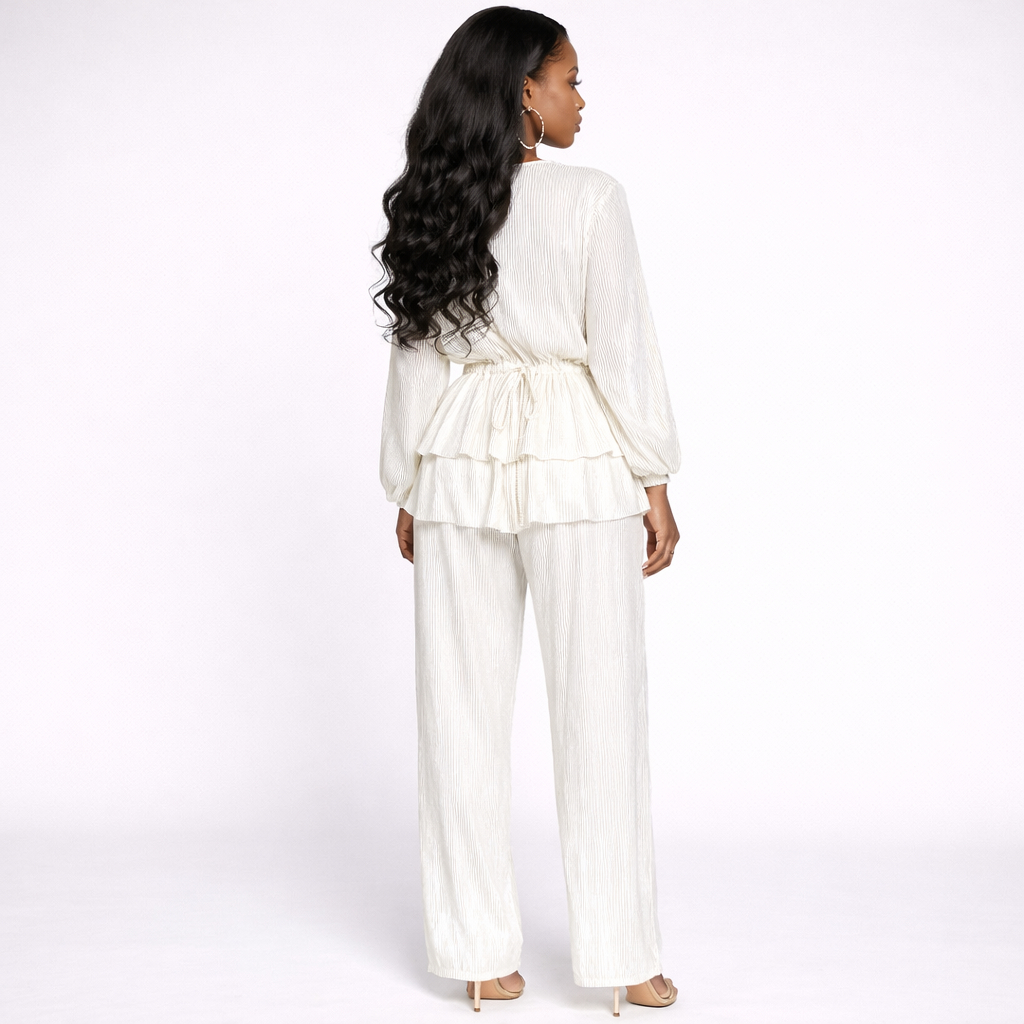Womens Cream Pleated Long Sleeve Top and Wide Leg Pants Set