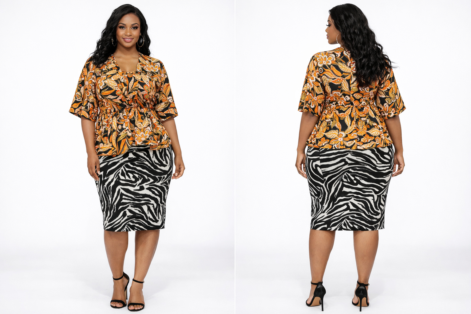 Brown Floral Print Womens Peplum Top with Zebra Print Pencil Skirt