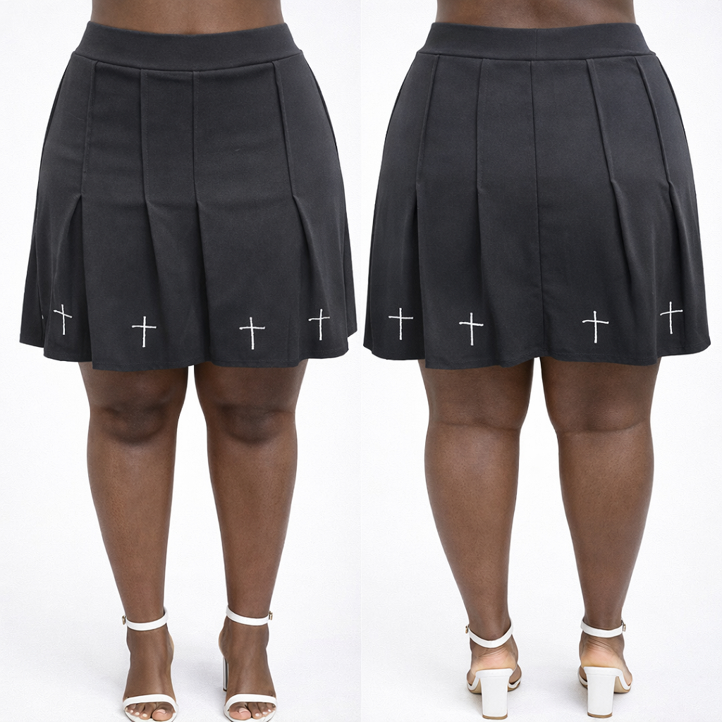 Black Pleated Womens Mini Skirt with Cross Embroidery