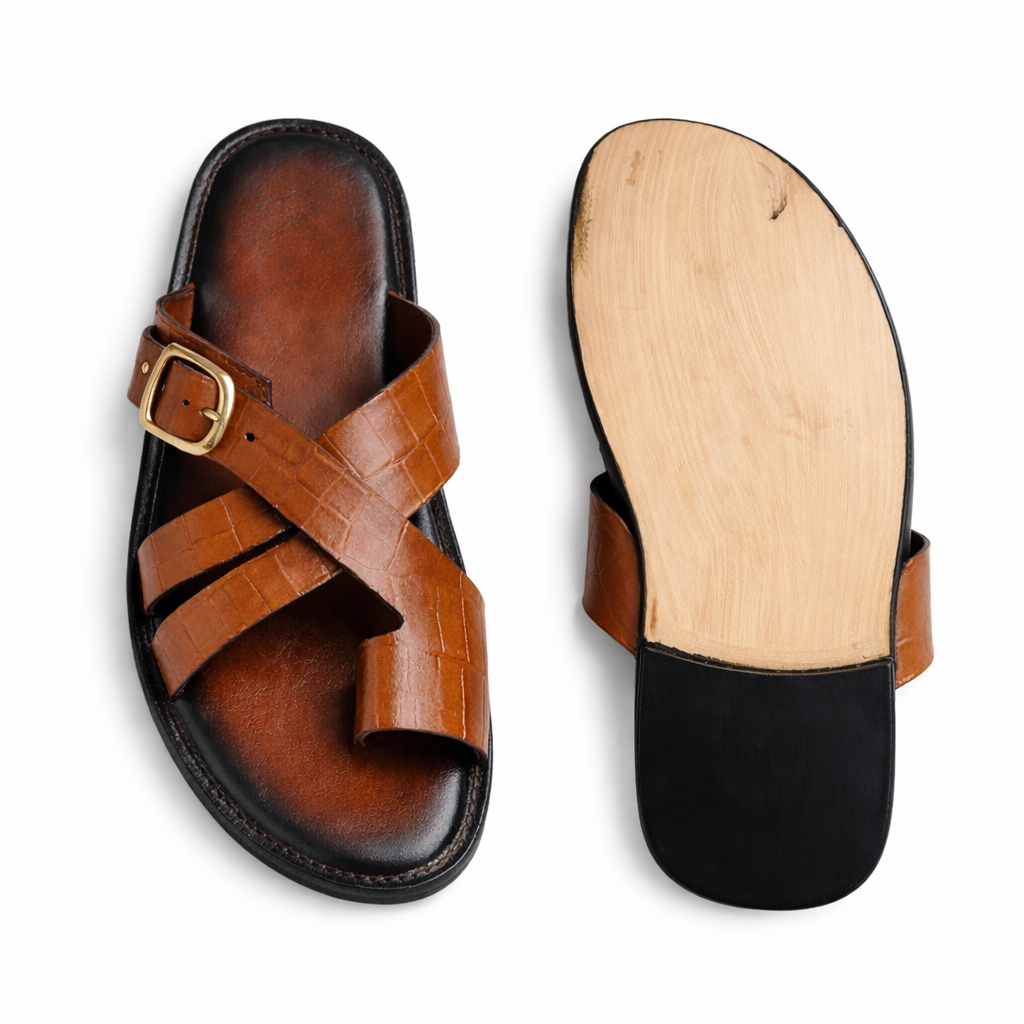 Mens Brown Leather Cross Strap Sandals