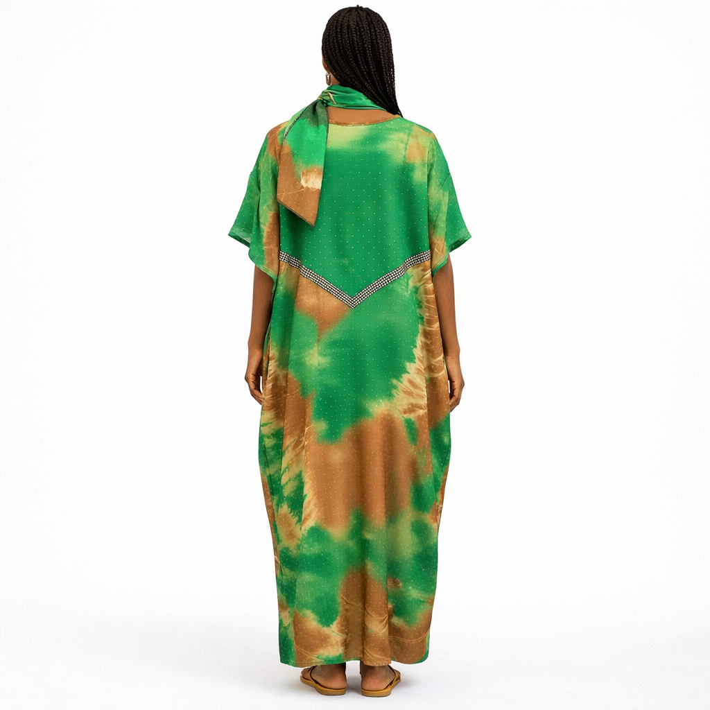 Elegant Tie Dye Kaftan Maxi Dress with Decorative Detail