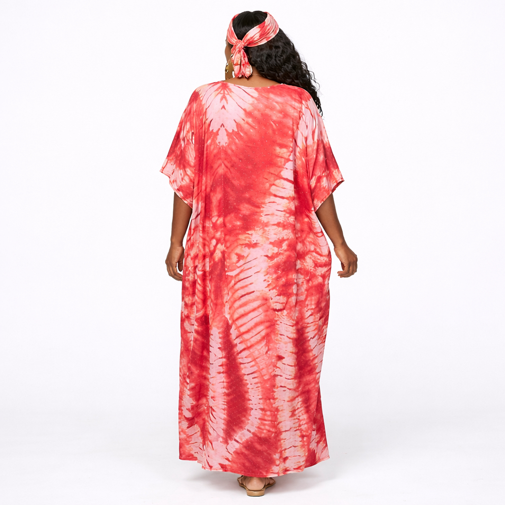 Coral Tie Dye Embellished Kaftan Maxi Dress with Matching Headscarf