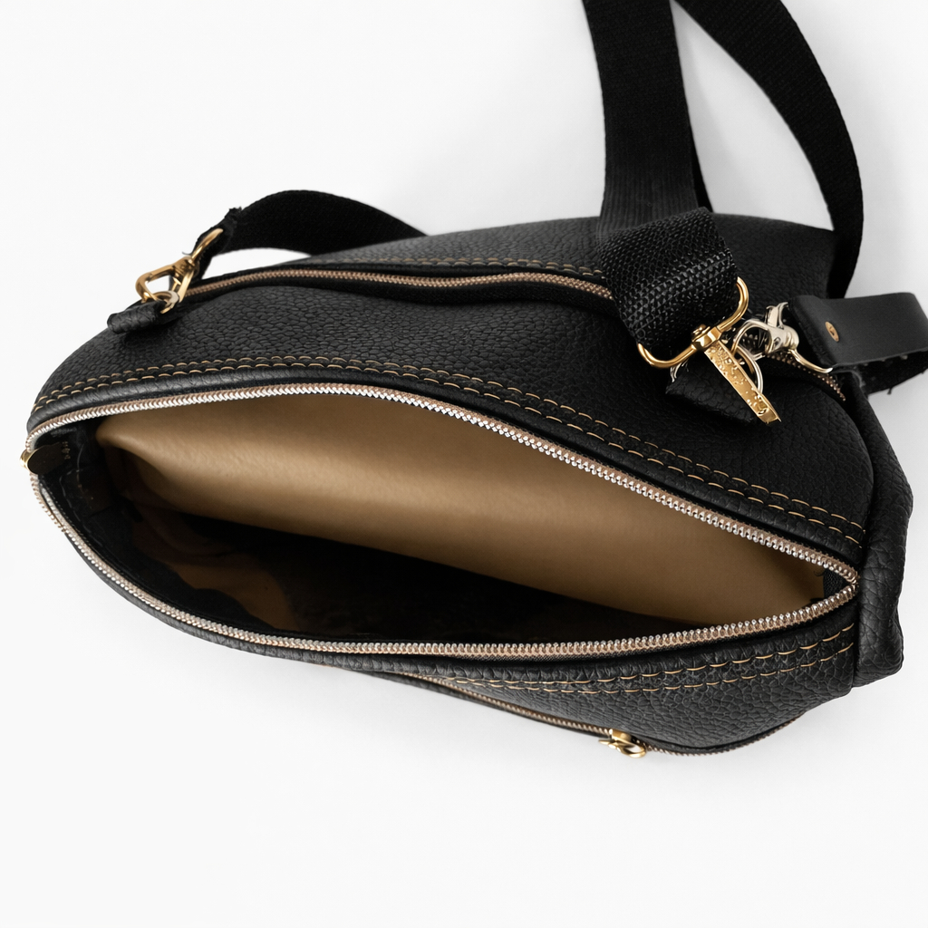 Multi Zip Crossbody Synthetic Leather Bag Black Textured PU Leather