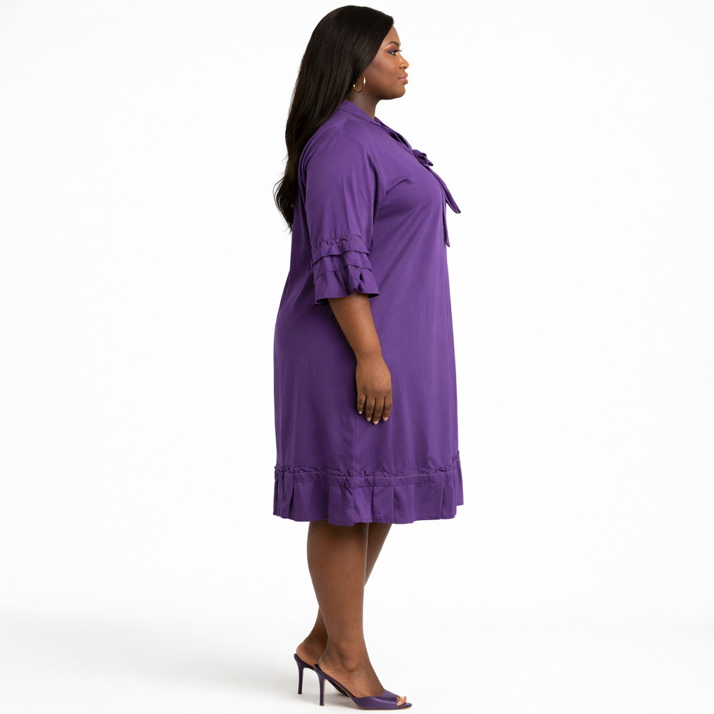 Purple Solid Womens Knee Length Ruffle Dress