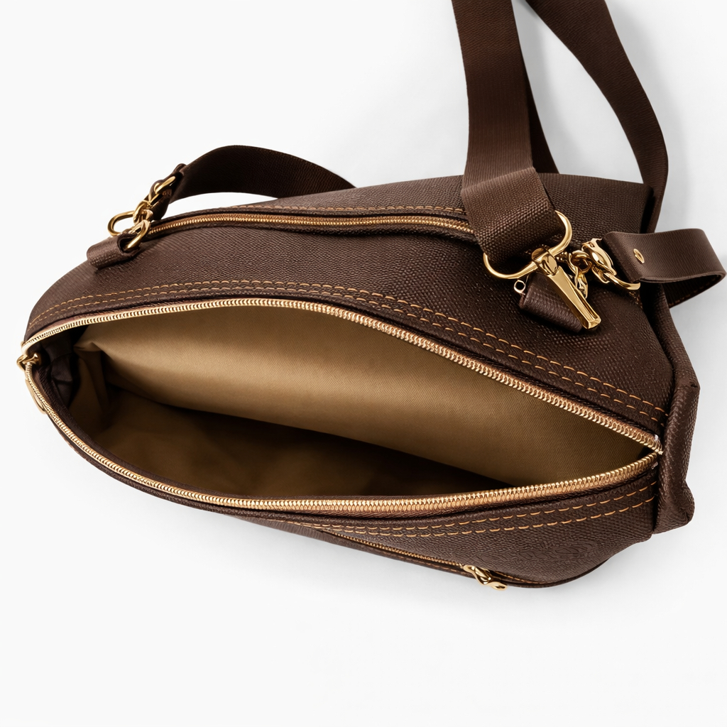 Multi Zip Crossbody Synthetic PU Leather Bag Brown