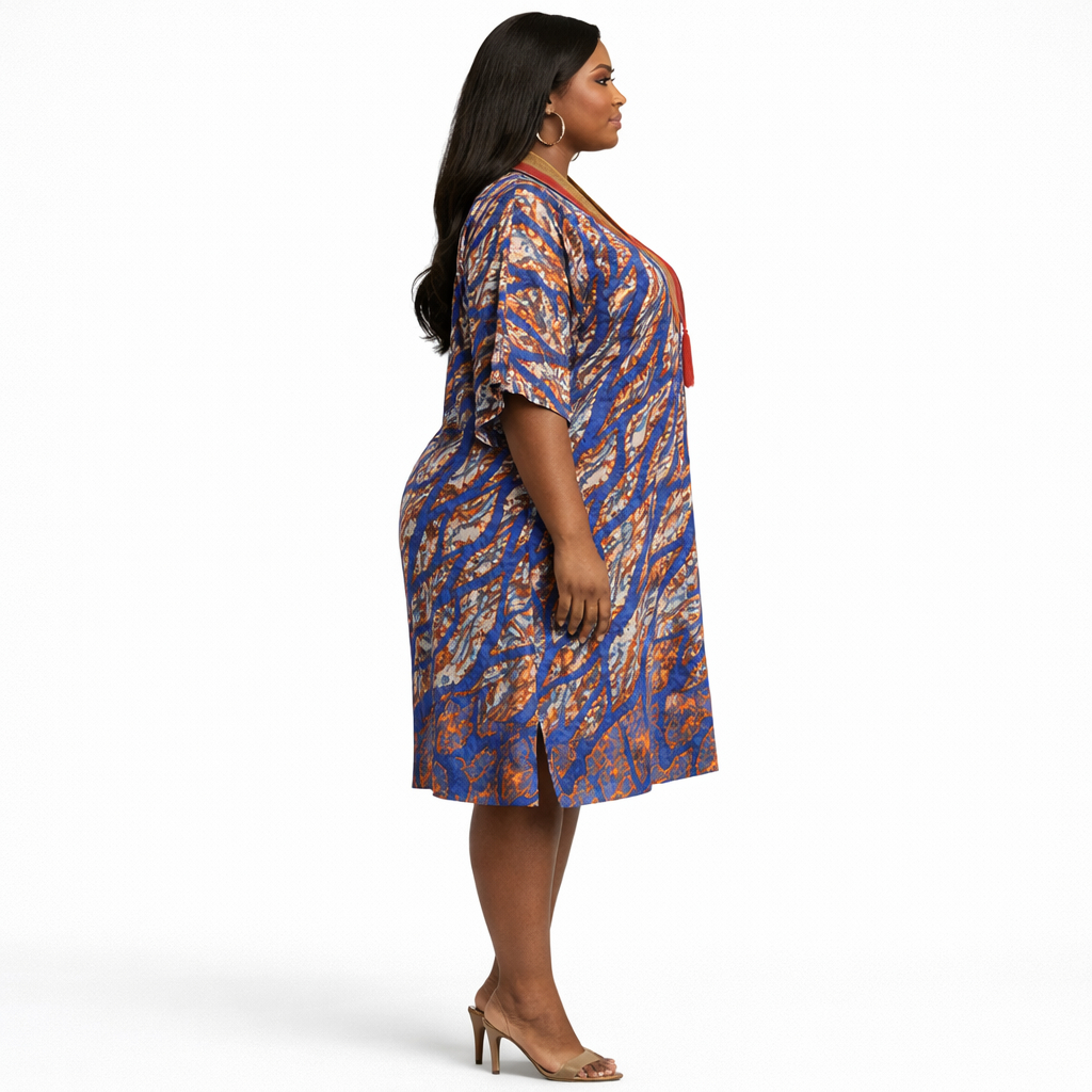 Blue Tribal Print Womens Knee Length Kaftan Dress