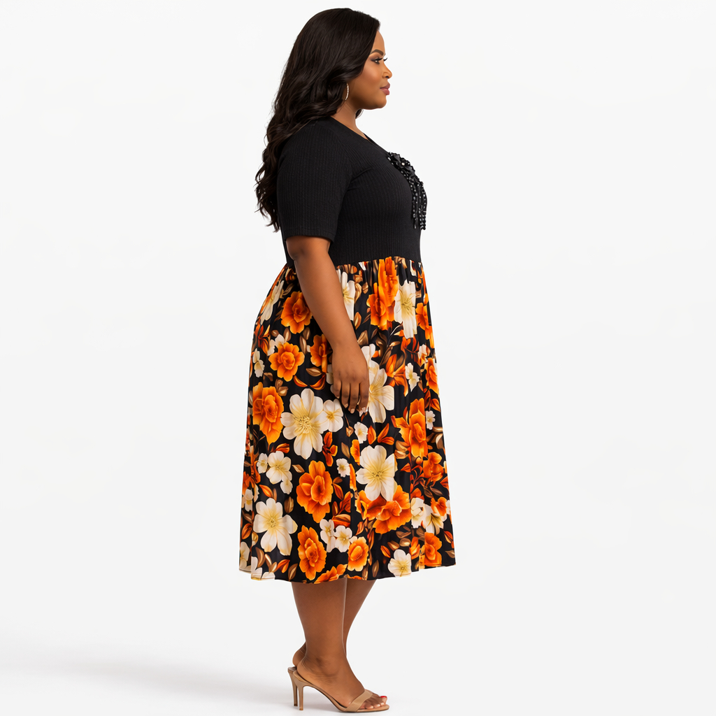 Black Floral Print Women Midi Dress