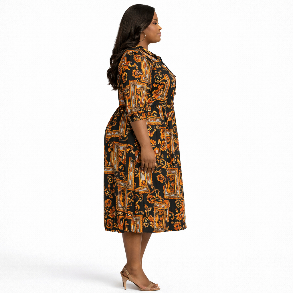 Black Baroque Print Womens Knee Length Shirt Dress