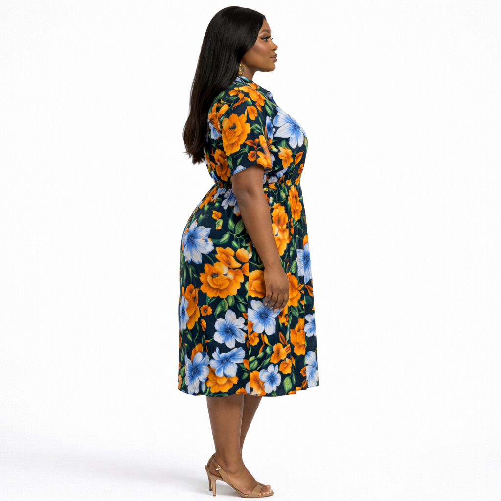 Multicolor Floral Print Womens Knee Length Shirt Dress