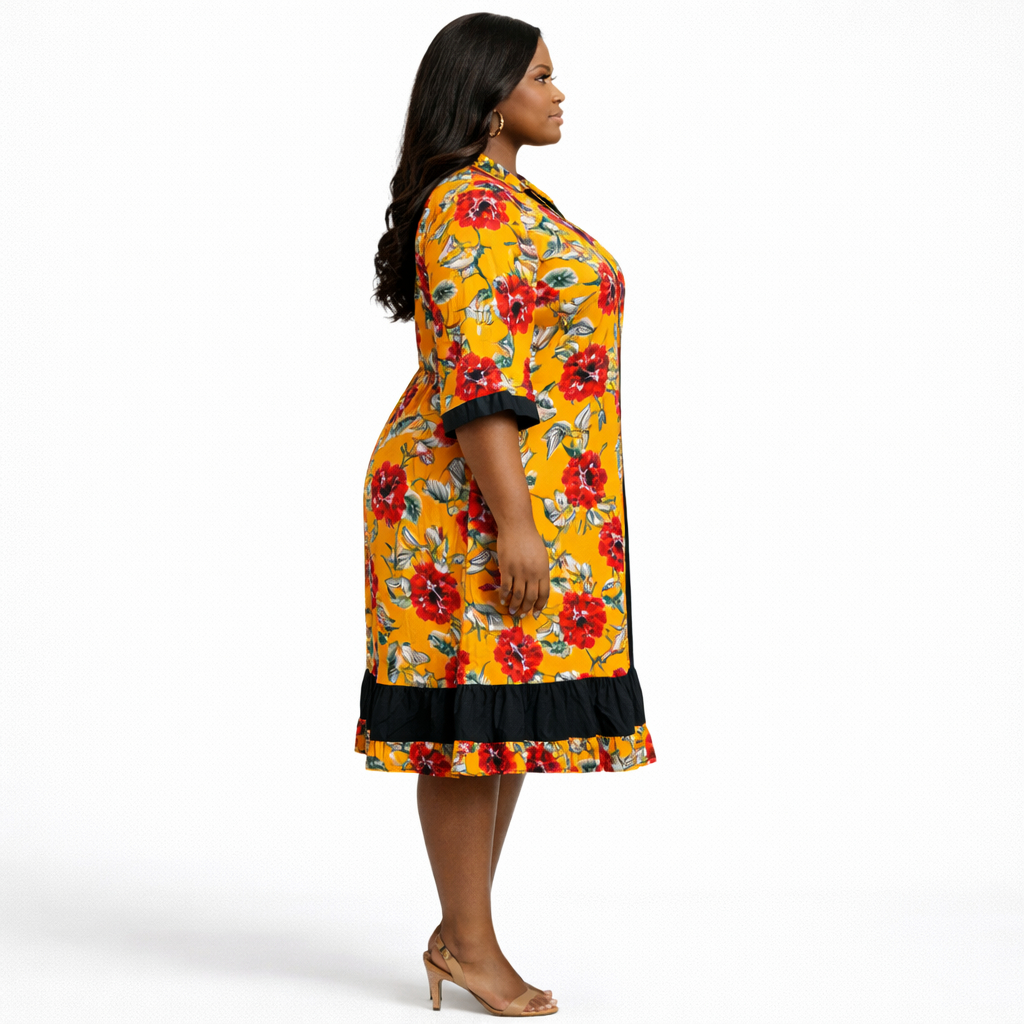 Yellow Floral Print Womens Knee Length Shirt Dress