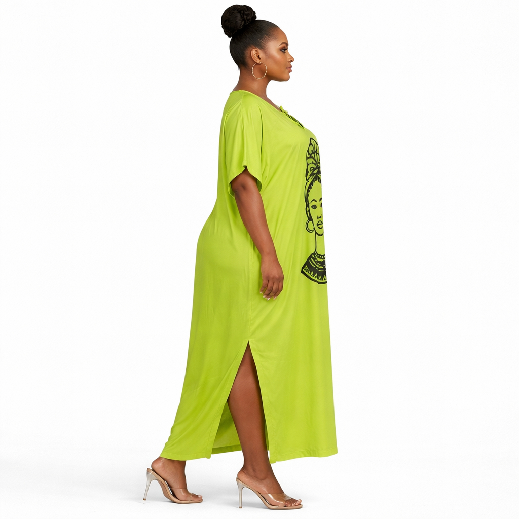 Women Lime Green Graphic Bubu Gown