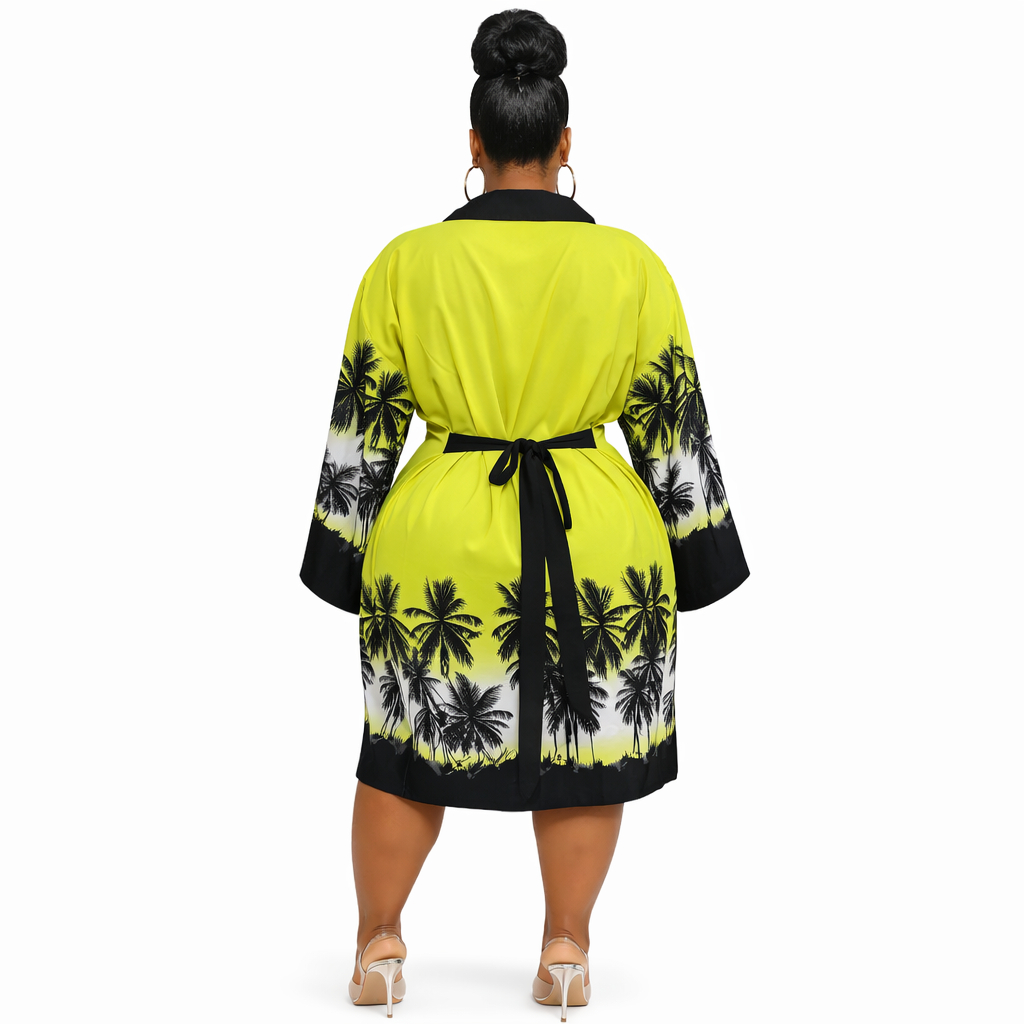 Women Lime Green Palm Print Kaftan Dress
