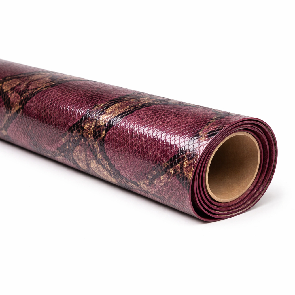 Glossy Burgundy Snake Pattern Synthetic Leather Fabric PU Upholstery Material