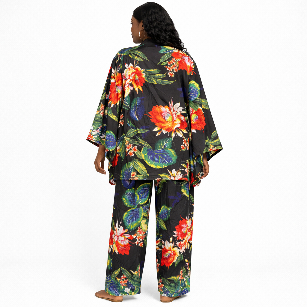 Elegant Floral Print Kimono Two Piece Set for Women