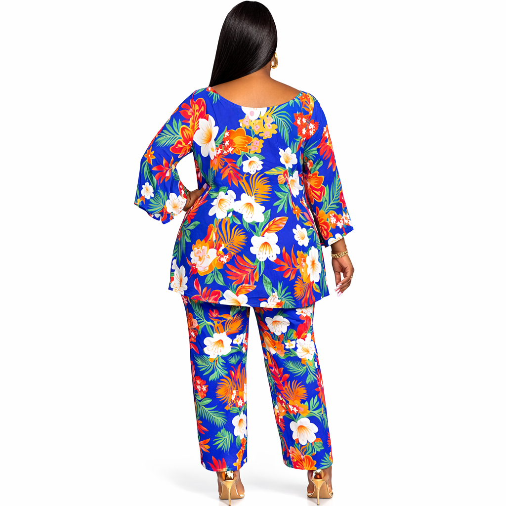 Vibrant Blue Floral Two Piece Kaftan Set for Women