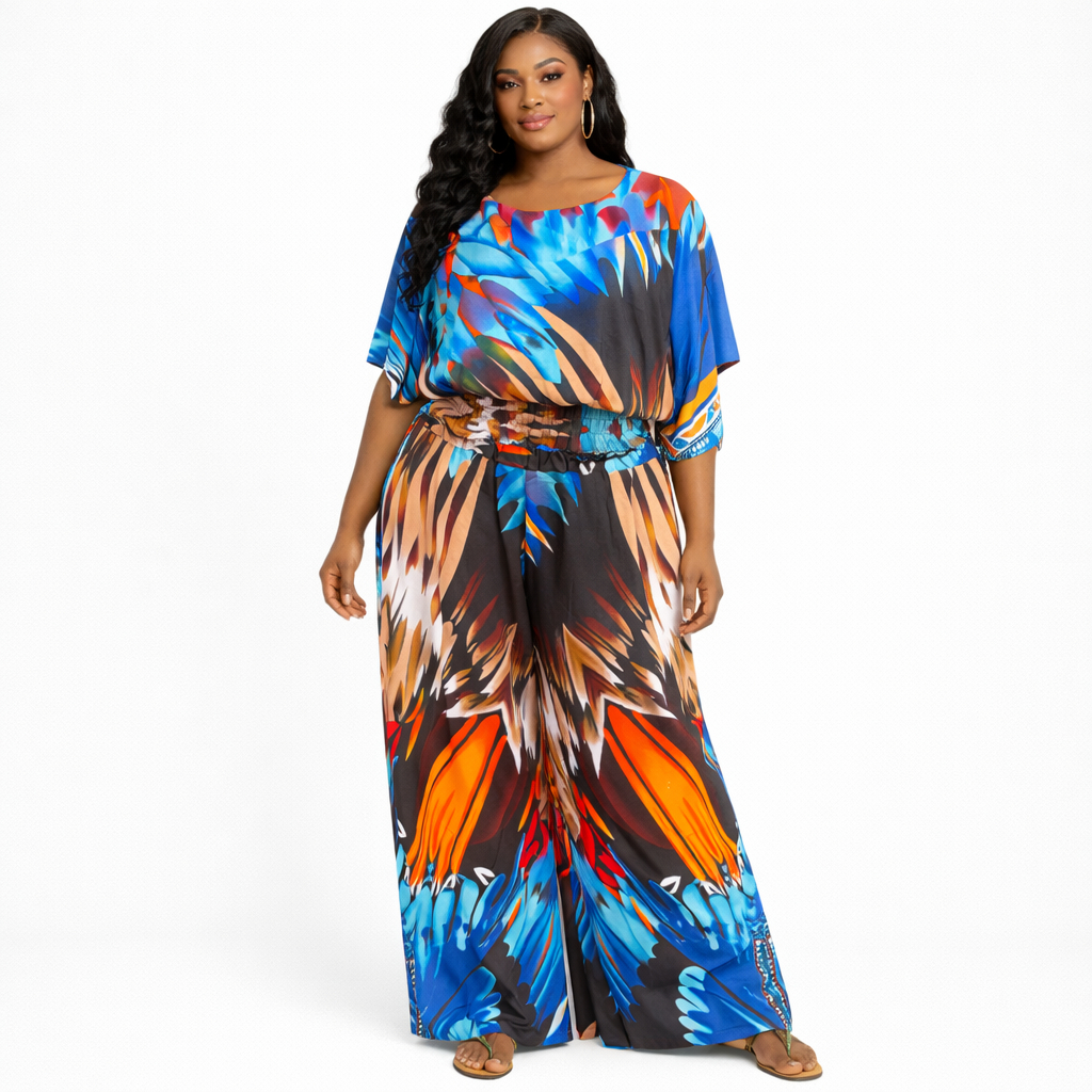 Womens Abstract Print Elastic Waist Wide Leg Jumpsuit
