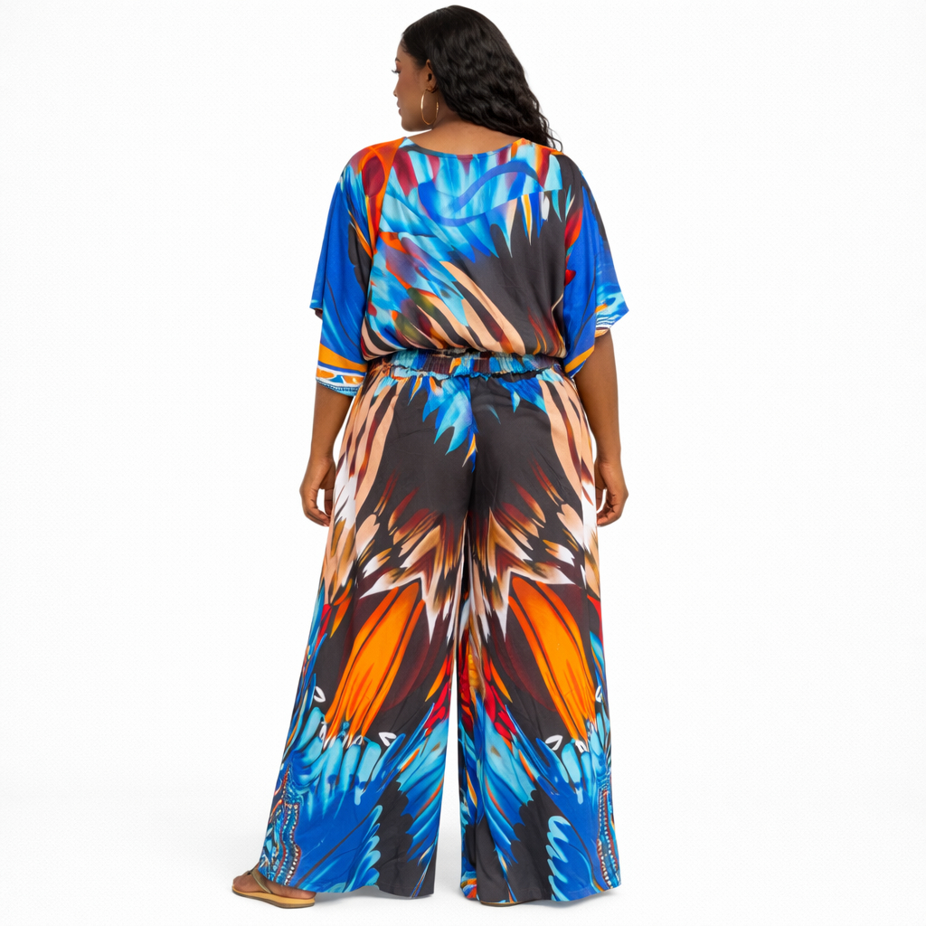 Womens Abstract Print Elastic Waist Wide Leg Jumpsuit